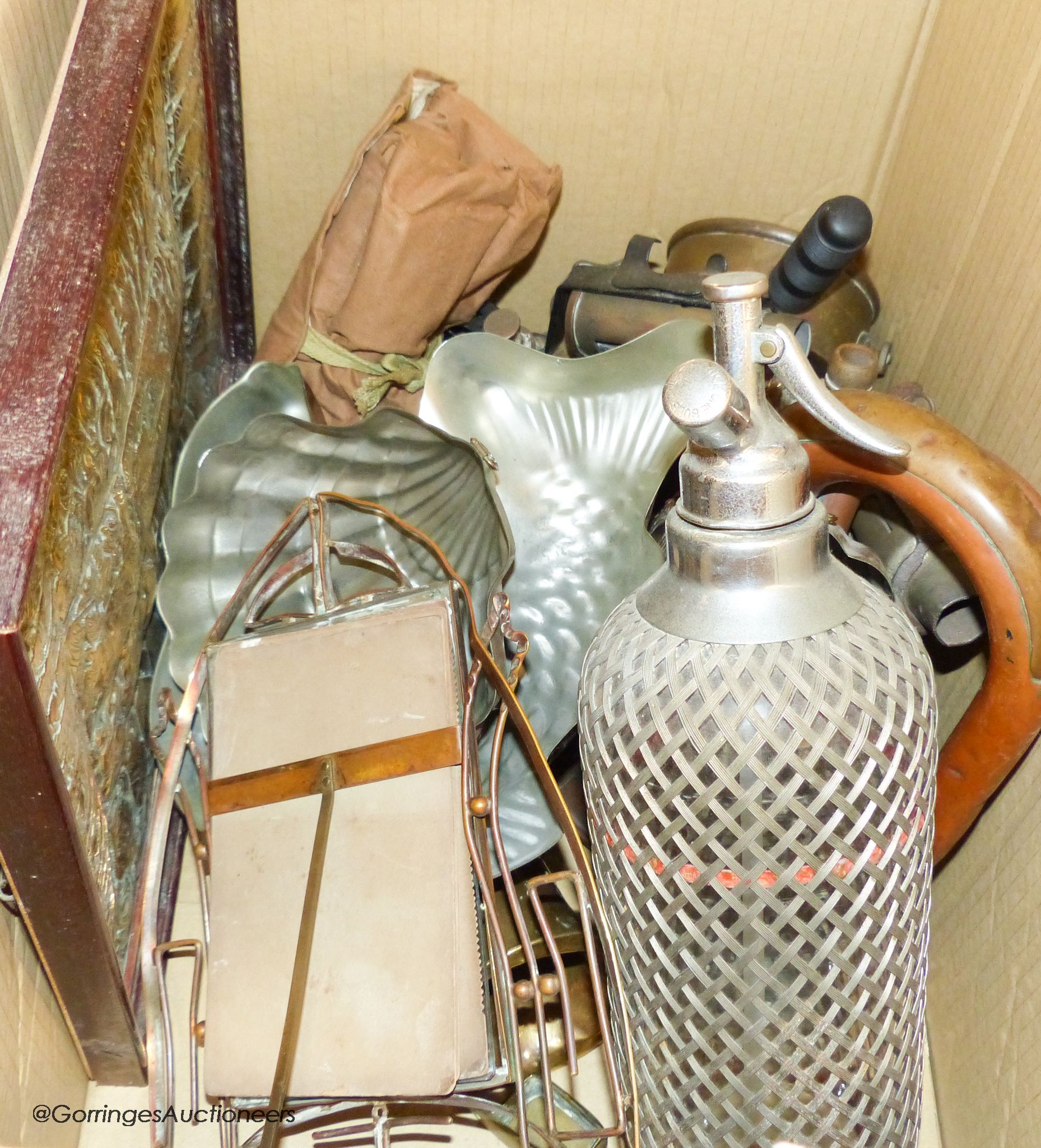 Metalware to include two bugles, photograph frame, soda syphon, also an early motorist's first aid kit